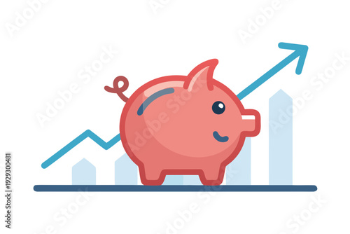 Pink piggy bank stands before a rising line graph and bar chart indicating financial growth and successful investment returns on a white background.