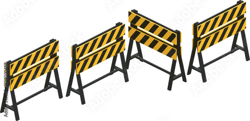 Road construction striped barricade collection safety traffic barrier work zone protection flat vector illustration set