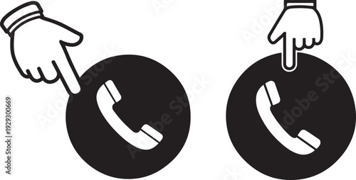 Hand pointing at telephone handset icons within circles representing contact us buttons for customer service and communication technology support