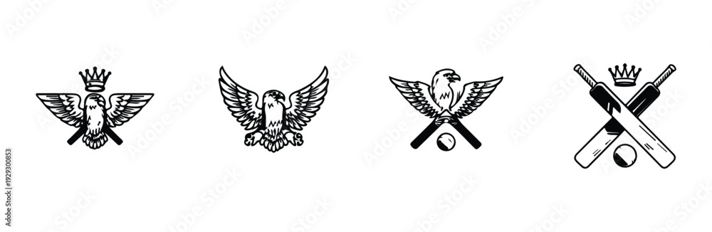Obraz premium Royal eagle crest with crown and crossed cricket bats for sports team emblem design