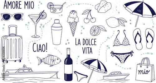 Hand drawn Italian summer collection with yacht luggage gelato beach umbrellas and wine in cad drawing flat vector illustration for travel