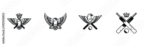Royal eagle crest with crown and crossed cricket bats for sports team emblem design