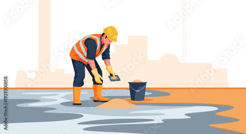 Construction worker applying cement on a building site.