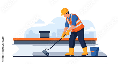 Construction worker applies sealant to rooftop surface with roller.