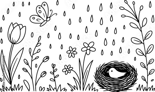Vibrant black and white sketch illustrating a lively springtime scene featuring numerous plants, a butterfly in the rain, and a small bird resting comfortably inside its nest.