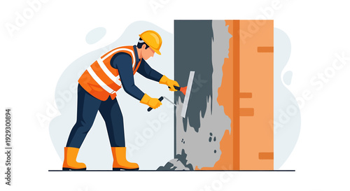 Construction worker applying plaster to wall with tools.