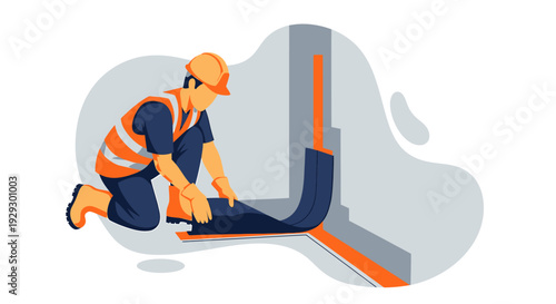 Construction worker installing insulation material on a wall.