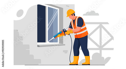 Construction worker installing window using power tool.