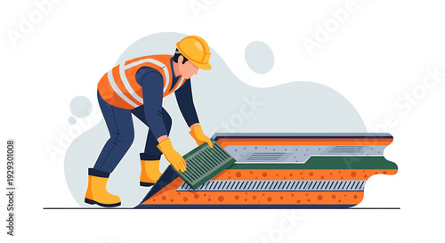 Construction worker laying down new railway tracks.