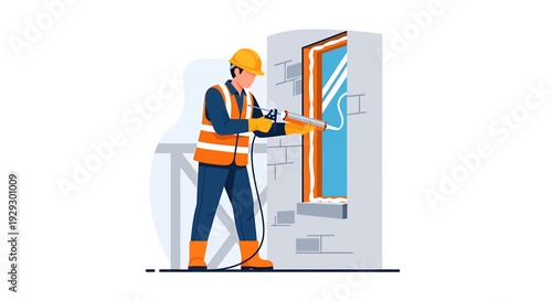 Construction worker installing window frame with sealant gun tool.