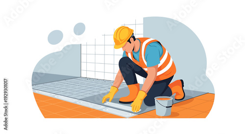 Construction worker laying tiles on a building site wearing safety gear.