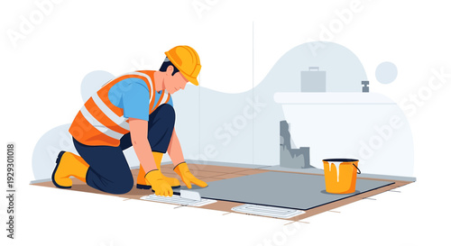 Construction worker laying tiles with trowel and bucket.