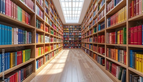 Long library hallway lined with books, lit by skylight and wooden floors