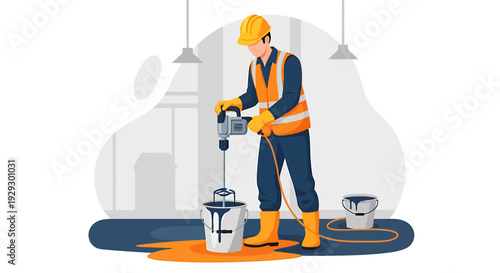 Construction worker mixing paint with a power mixer tool.