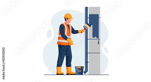 Construction worker painting a building exterior wall with a brush.