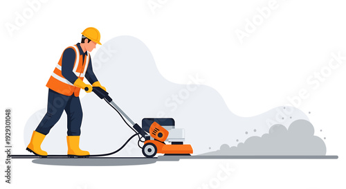 Construction worker operating a concrete grinder machine on a surface.