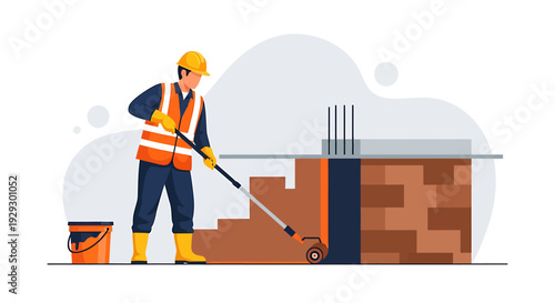 Construction worker painting foundation with roller brush.