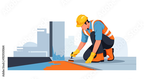 Construction worker painting road surface with brush.