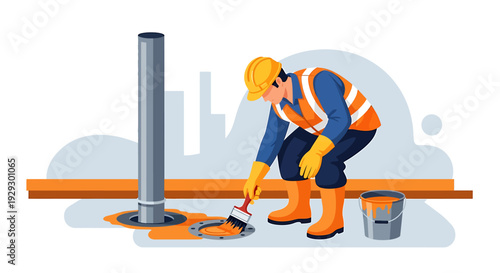 Construction worker painting pipe base with brush safety vest and helmet.