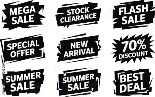 Black and white sale stickers discount promotion advertisement sale, discount, promotion, advertisement, sticker, label, tag, special offer, mega sale, stock clearance, flash sale, new arrival, summer