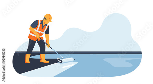 Construction worker painting road with roller tool.