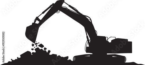 Black silhouette of excavator digging into pile of dirt