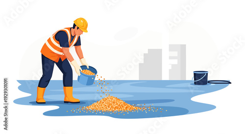 Construction worker pouring sand onto a wet surface.