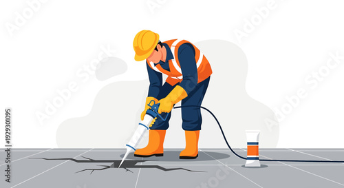 Construction worker using a sealant gun for crack repair.