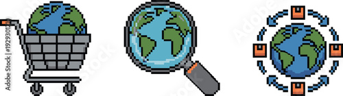 Pixel art global ecommerce concept icons, online shopping cart worldwide search and digital marketplace network illustration