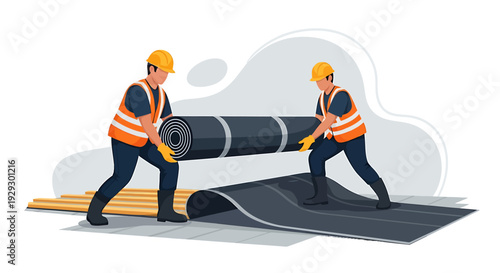 Construction workers installing roofing material on a building.