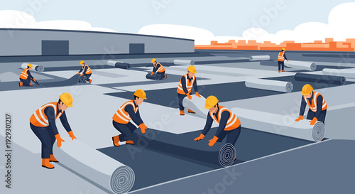 Construction workers installing roofing material on a large building.