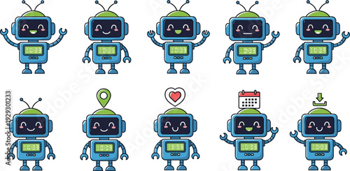 Cute chatbot robot character collection with different emotions and app icons artificial intelligence flat vector illustration