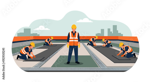 Construction workers installing roofing materials on a building rooftop.