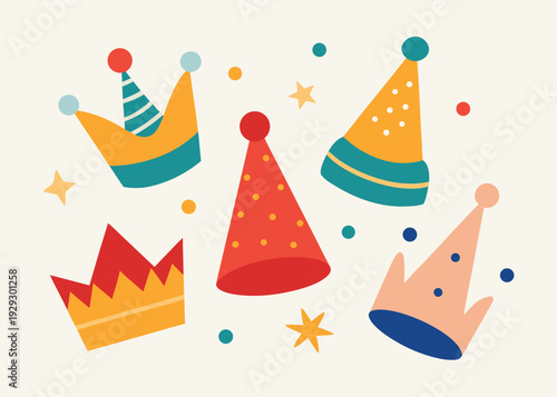 A festive assortment of colorful party hats and crowns in various shapes and patterns is scattered with confetti and stars.