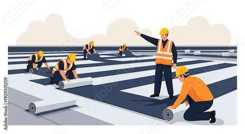 Construction workers installing roofing materials on a flat roof.