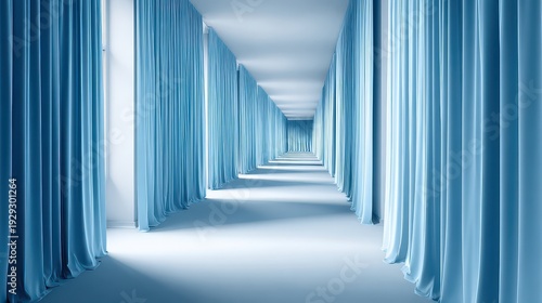 Long Corridor with Blue Curtains and White Walls Abstract Perspective View Interior Design Element Minimalist Architecture Smooth Lighting