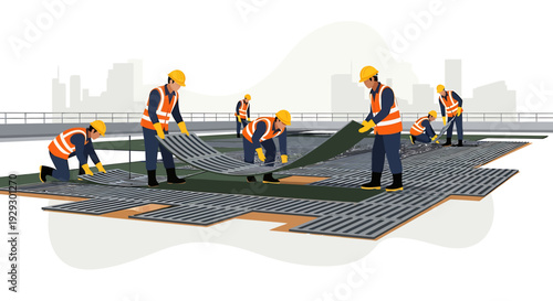 Construction workers installing waterproofing membrane on a rooftop.
