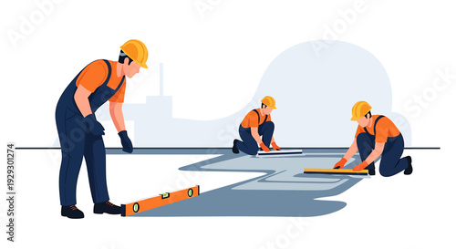 Construction workers laying concrete floor during renovation project.