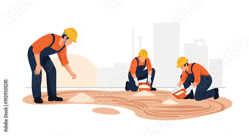 Construction workers laying flooring material on a building site.