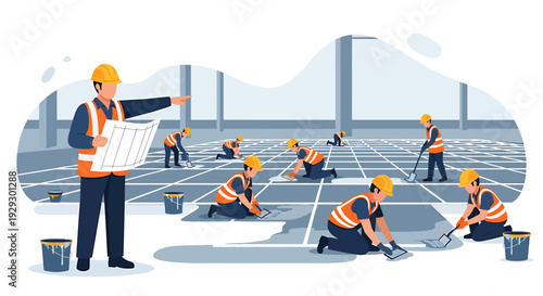 Construction workers laying tiles on a large floor area.