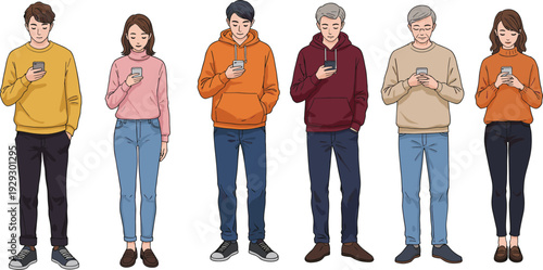 Group of people using smartphones, casual clothing, modern lifestyle illustration, digital addiction concept, technology dependence, social media usage, online connection, communication
