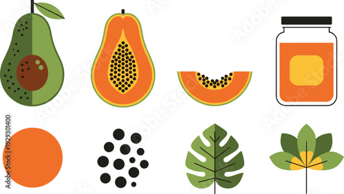 Papaya fruit collection with whole half slice seeds juice jar and tropical leaves flat vector illustration set