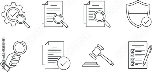 Legal document verification and approval line icon set with magnifying glass shield checklist and gavel symbols