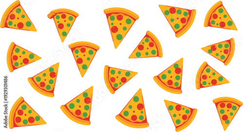 Pizza slice seamless pattern fast food background with pepperoni cheese and vegetables flat vector illustration