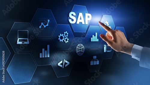 SAP enterprise software interface concept with hand touching digital icons for analytics, ERP automation, cloud and business process featuring data, dashboard, reporting with KPI and integration