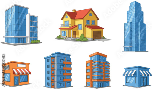Set of modern architectural buildings including suburban house office skyscrapers glass commercial property and retail shops isolated on white background for urban city planning designs.