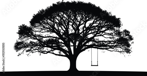 Large tree silhouette with expansive branches and hanging swing on white background, minimalist black vector illustration symbolizing childhood nostalgia, nature tranquility, and outdoor lifestyle des