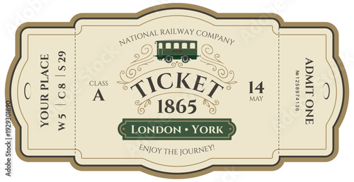 Vector train ticket template featuring a passenger carriage with vintage-style inscriptions and decorations. Premium class. No ai