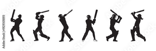 Set of six female cricket player batting poses silhouettes in action shots