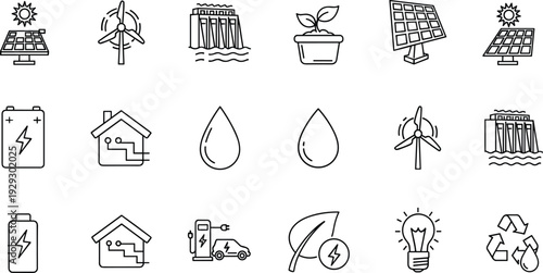 Sustainable Renewable Energy Icons Set Featuring Solar Panels, Wind Turbines, Hydroelectric Power, Electric Car Charging, Battery Storage, Eco Friendly Green Technology, and Recycling Symbols Vector 